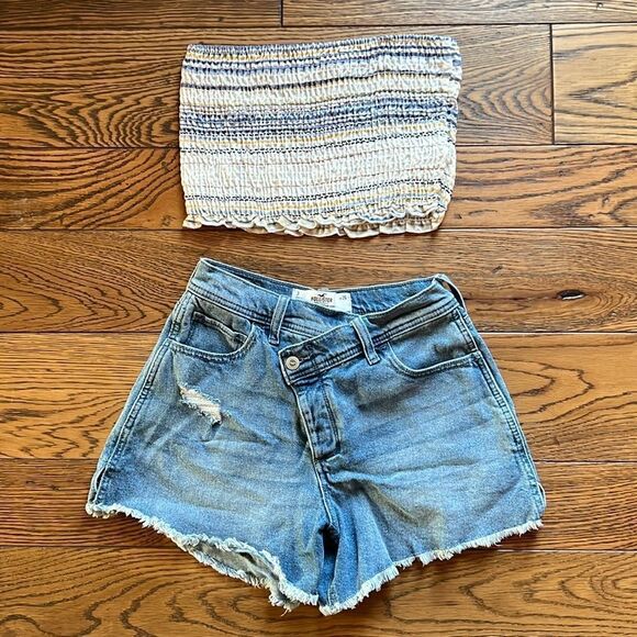 Hollister Asymmetrical Denim High Waisted Shorts and tube top C16 - Picture 1 of 7